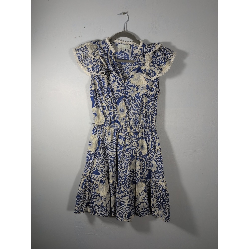 Pinch Womens Blue Floral Ruffle Tiered Flutter Sleeve V-neck Medium